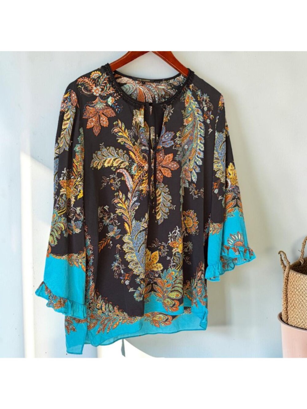 Kobi Halperin Helen Silk Blouse Size L Black Paisley Boho Ruffle Sleeve Tie Neck - Picture 5 of 11